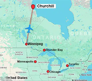 Map showing charter flight routes from Winnipeg to Churchill Manitoba